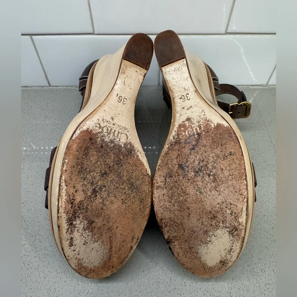 Chloe Brown Wood and Leather Wedge Sandals